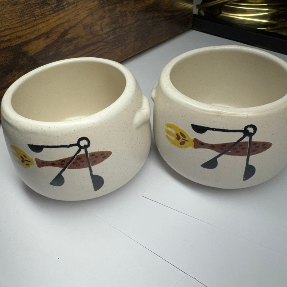 Vintage West Bend USA Speckled Stoneware Bean Pots Fish Utensil Set of 2 MCM
